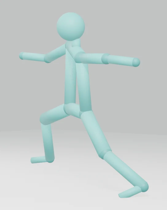 The pose rebuilt as a 3D figure